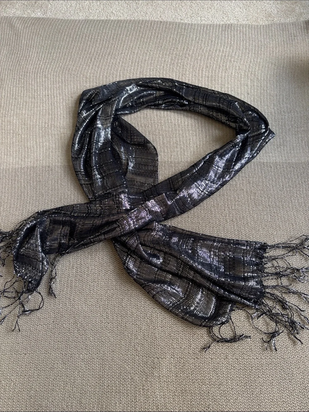 Women's Black and silver Metallic Shimmer Scarf with Fringe
